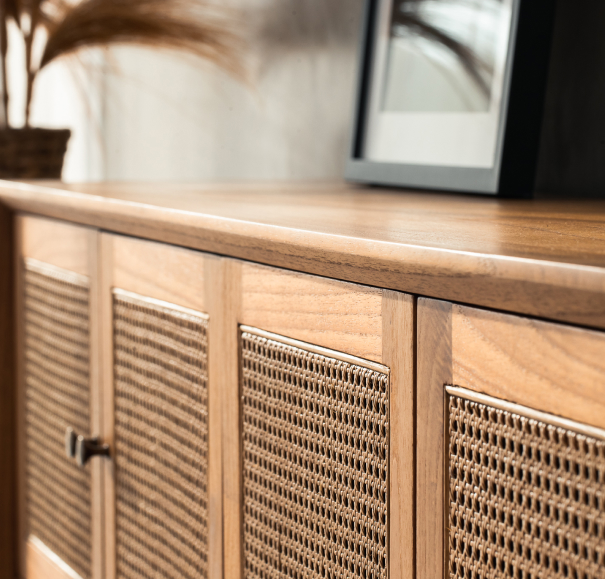 Moon buffet side plunging view featuring rattan details