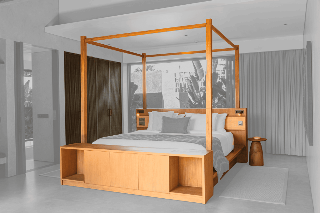 Bespoke fixed bedframe and wardrobes at Villa Salt