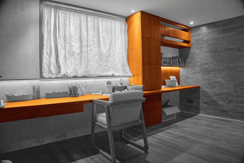 Bespoke integrated shelf and desk designed for Casa Bata