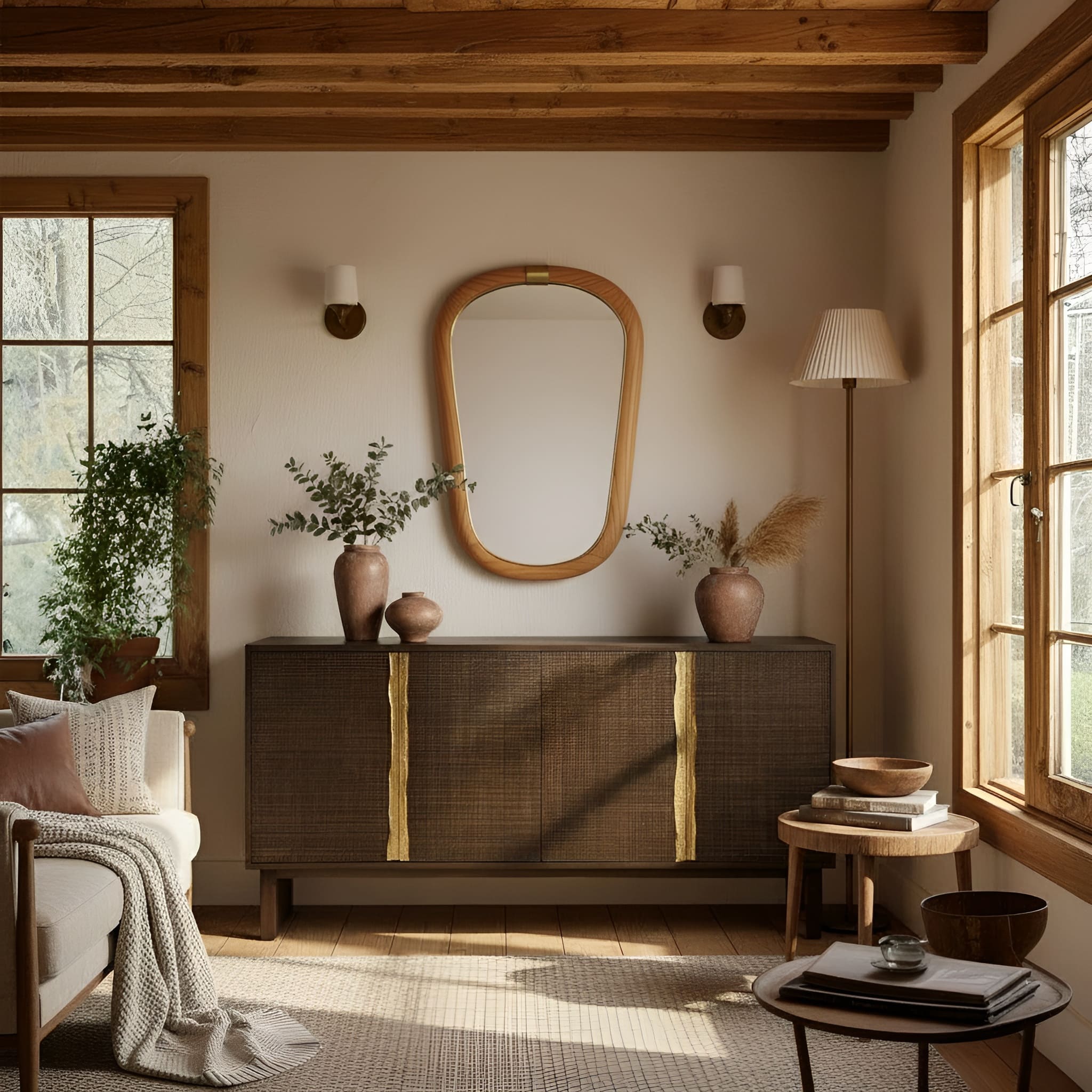 Living space featuring mirror and sideboard furniture